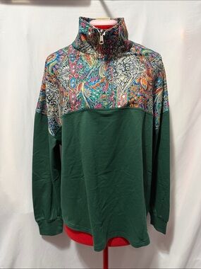 Green Pullover Sweatshirt with Paisley Yoke